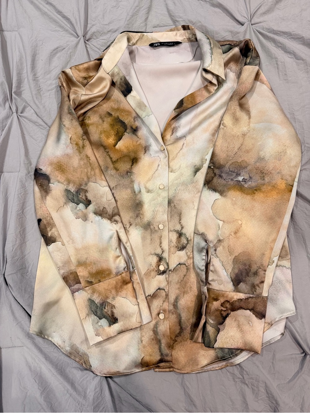 Zara Watercolor-Print Satin Button-Down Shirt in Cream and Brown
